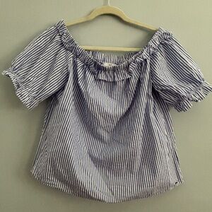 Vineyard Vines Blue and White Seersucker Striped Off the Shoulder Bardot Blouse